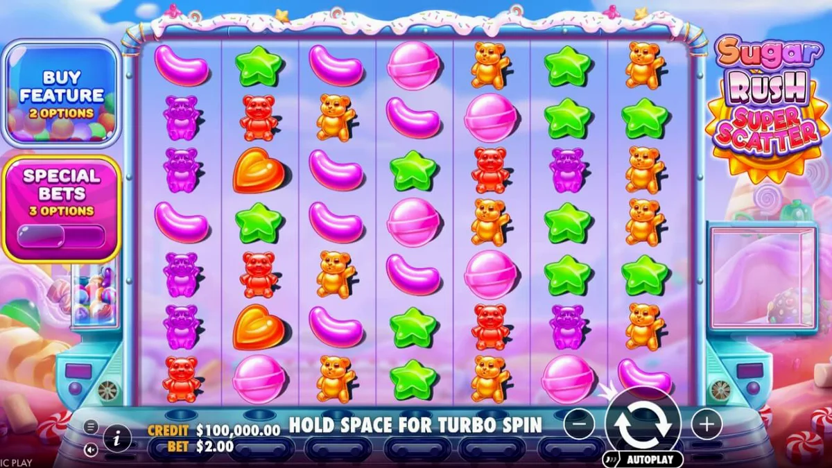 Sugar Rush Super Scatter slot interface dengan grid 7x7 yang penuh warna