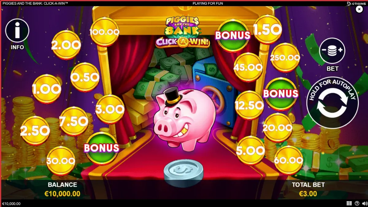 Tampilan visual slot Piggies and the Bank: Click-A-Win dengan karakter babi bertopi tinggi dan koin emas.