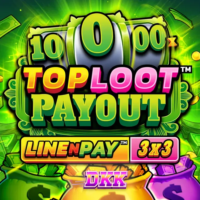 Tampilan antarmuka permainan slot TopLoot Payout LineNPay dengan elemen visual hijau yang khas.